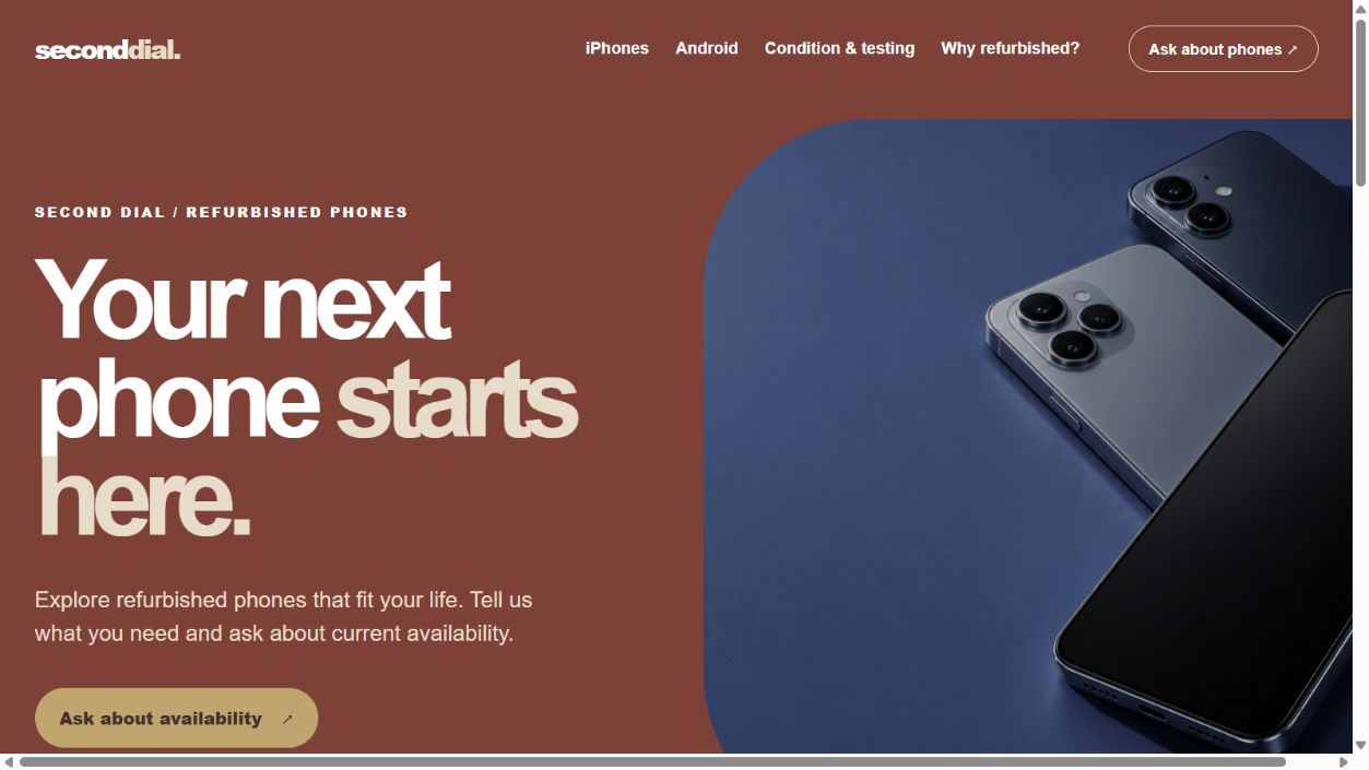 Secondial website showing its refurbished phone offer and inquiry button